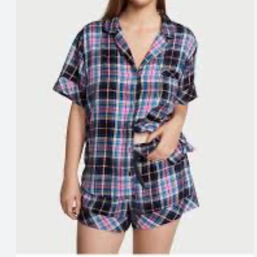 Victoria's Secret Pink Blue Flannel Short Pajama Set Plaid Y2K Cozy PJ set Sz S